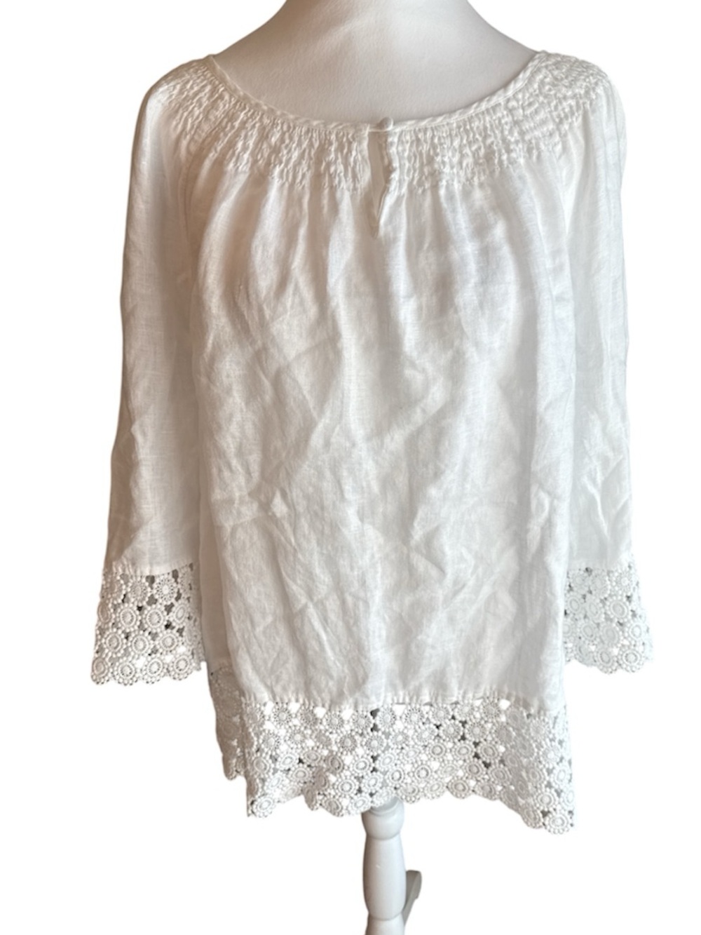 Charter Club Luxury 100% Linen White Crochet-Hem Peasant Top